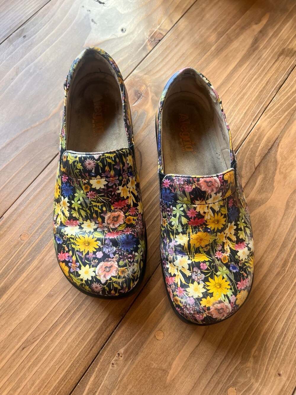 Alegria Floral Clogs in Black with Yellow, Pink, Green, Blue Accents